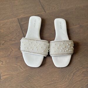 Top Moda Women's White Pearl Embellished Slide Sandals